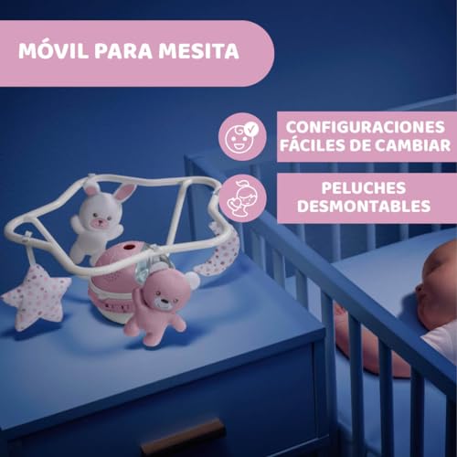 Chicco Carrusel Evolutivo Arco Iris 3en1, Móvil de Cunas y Moisés, 3 Configuraciones, Proyección de Arco Iris, Sonidos de la Naturaleza, Compatible Next2Me, Mando a Distancia, 0 Meses, Rosa