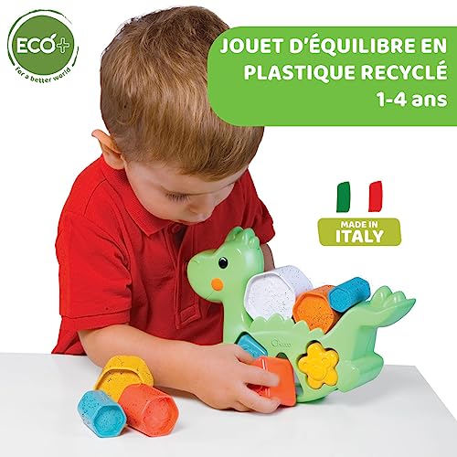 Chicco Dino ECO+ Rocking 2 en 1, Juego para Apilar y Clasificar Formas, Dinosaurio con 6 Cilindros, 3 Formas y 3 Actividades, Plástico Reciclado, Juego Construcción, Juguetes Educativos de 1 a 4 Años