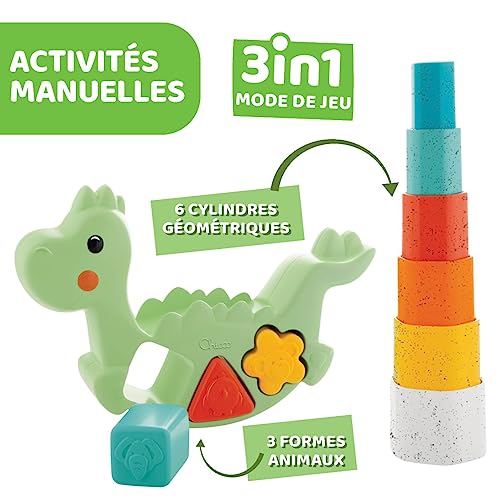 Chicco Dino ECO+ Rocking 2 en 1, Juego para Apilar y Clasificar Formas, Dinosaurio con 6 Cilindros, 3 Formas y 3 Actividades, Plástico Reciclado, Juego Construcción, Juguetes Educativos de 1 a 4 Años