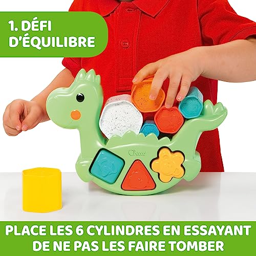 Chicco Dino ECO+ Rocking 2 en 1, Juego para Apilar y Clasificar Formas, Dinosaurio con 6 Cilindros, 3 Formas y 3 Actividades, Plástico Reciclado, Juego Construcción, Juguetes Educativos de 1 a 4 Años