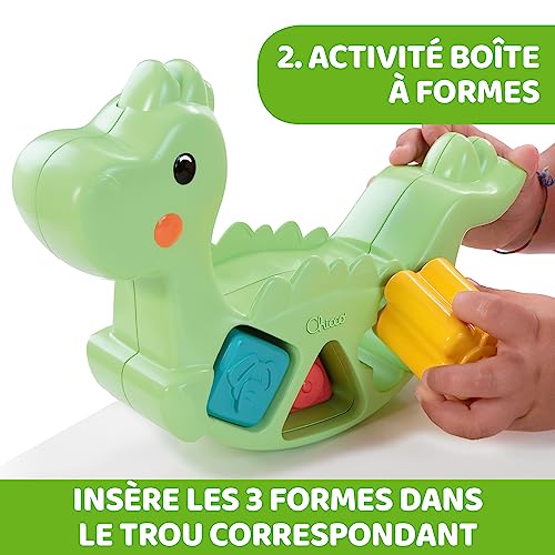 Chicco Dino ECO+ Rocking 2 en 1, Juego para Apilar y Clasificar Formas, Dinosaurio con 6 Cilindros, 3 Formas y 3 Actividades, Plástico Reciclado, Juego Construcción, Juguetes Educativos de 1 a 4 Años