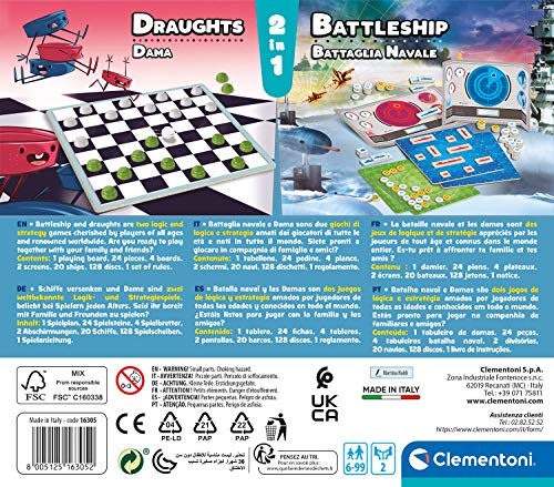 Clementoni - Batalla Naval + Dama Mesa, Juego de Sociedad para Toda la Familia, 2 Jugadores, 6 años +, Fabricado en Italia, Multicolor, 16305