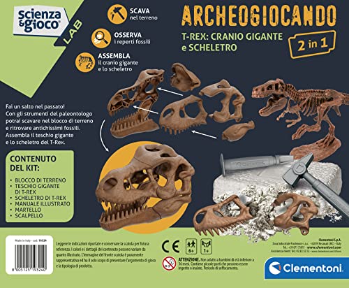 Clementoni - Ciencia Arqueogiocando-Dig Trex 2 en 1-Dinosaurios, Fósiles de Excavar y Montar, Kit Arqueólogo, Juego Científico 7 Años, Versión Made in Italy, Color Italiano, 19324