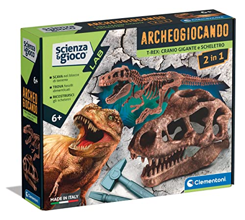 Clementoni - Ciencia Arqueogiocando-Dig Trex 2 en 1-Dinosaurios, Fósiles de Excavar y Montar, Kit Arqueólogo, Juego Científico 7 Años, Versión Made in Italy, Color Italiano, 19324