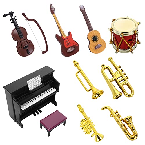 cobee Juego de instrumentos musicales en miniatura para casa de muñecas, 11 piezas, modelo musical de casa de muñecas, 1:12, accesorios para casa de muñecas, habitación musical, jardín de hadas