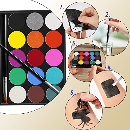 Colores Pinturas Cara, Kit de Pintura Facial para Niños, 15 Set de Pintura Cara Infantil, Pinturas Grandes a Base de Agua, 32 Plantillas + 2 Pinceles para Mascarada de Halloween, Fiestas, Carnaval