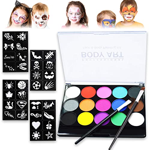 Colores Pinturas Cara, Kit de Pintura Facial para Niños, 15 Set de Pintura Cara Infantil, Pinturas Grandes a Base de Agua, 32 Plantillas + 2 Pinceles para Mascarada de Halloween, Fiestas, Carnaval