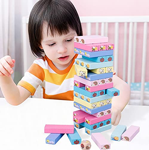 Comius Sharp Bloques de Madera, Torre de Madera Block Colores Juegos de Construcción, Juegos Educativos Torre de Bloques, Juguete de Madera Juego Familiar Clásico Juego de Mesa(51 Pcs)