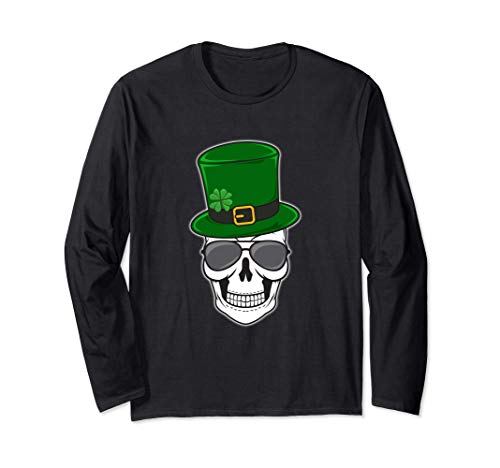 Cool St Patricks Day Lucky Skull Shamrock Leprechaun Hat Manga Larga