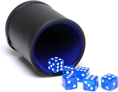 Copa de dados de piel sintética con tapa a juego, incluye 6 dados translúcidos de color azul real, juego de tazas para coctelera de dados con forro de fieltro, silenciosa para mentirosos, juegos de