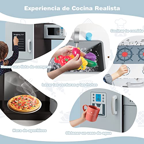 COSTWAY Cocina de Juguete de Madera para Niños, Cocinita Infantil de Madera con Fregadero y Grifo, Sonidos de Clic, Horno y Microondas, Cocinas Juguete Niñas con Pizarra para Niños de 3 a 8 Años