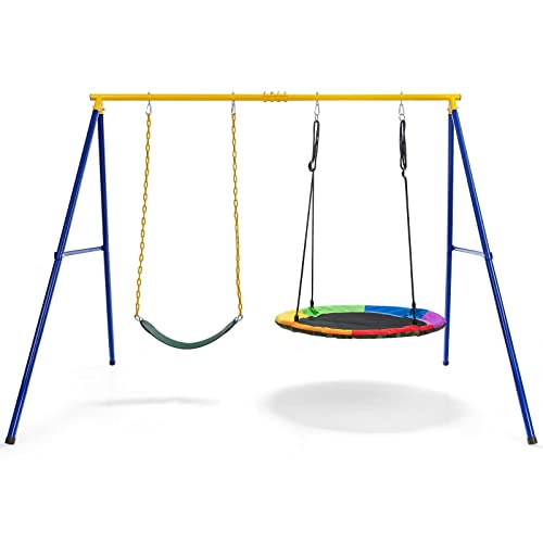 COSTWAY Juego Columpio Jardin Exterior de Acero, Columpios Infantiles Exterior, hasta 300 kg, Cuerdas Ajustables, 249x185x181,5 cm (Juego)