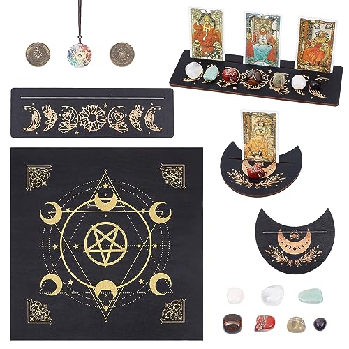 CREATCABIN Tarot Card Holder Set Tarot Card Stand Holder Madera Tarot Mantel Toma de Decisiones Moneda Chakra Collar Brujería Wiccan Altar Suministros Poder Espiritual para Adivinación Meditación