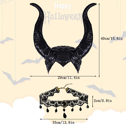 Cuernos Malefica Mujer Diadema Malefica y Gótico Collar Encaje Negro Diadema Cuernos de Buey Diadema Halloween Mujer Disfraz Damas Tocado Terror Lema Fiesta Carnaval Accesorios para Fiestas Temáticas