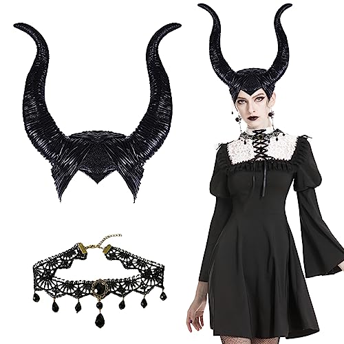 Cuernos Malefica Mujer Diadema Malefica y Gótico Collar Encaje Negro Diadema Cuernos de Buey Diadema Halloween Mujer Disfraz Damas Tocado Terror Lema Fiesta Carnaval Accesorios para Fiestas Temáticas