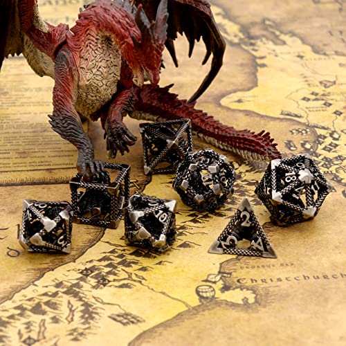 Dados DND - Juego de Dados Poliédricos con Dragón Imprisonado, Dados D&D para Mazmorras y Dragones, ZHOORQI Juego de Dados de Metal MTG Pathfinder (3D-Ancient Silver)