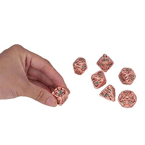 Dados Poliédricos, 7 Piezas Juego Dados Metal con Calavera Recortada, Exquisitos Accesorios Dados Poliédricos Metal con Caja Almacenamiento para Mazmorras Y Dragones, Adivinación, Juego(Cobre rojo)