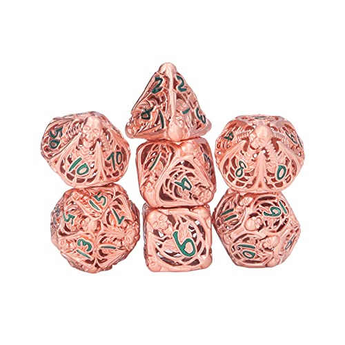 Dados Poliédricos, 7 Piezas Juego Dados Metal con Calavera Recortada, Exquisitos Accesorios Dados Poliédricos Metal con Caja Almacenamiento para Mazmorras Y Dragones, Adivinación, Juego(Cobre rojo)