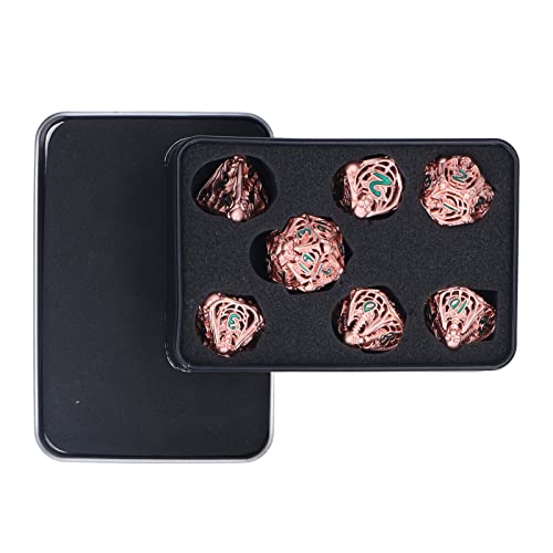 Dados Poliédricos, 7 Piezas Juego Dados Metal con Calavera Recortada, Exquisitos Accesorios Dados Poliédricos Metal con Caja Almacenamiento para Mazmorras Y Dragones, Adivinación, Juego(Cobre rojo)