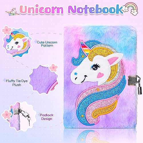 Damcyer Diario Secreto Niña con Candado,Juego de Diario de Unicornio De Felpa Incluye A5 Unicornio Cuaderno de Felpa,Estuche Unicornio y Bolígrafos de Colores Regalos para Niñas 5 6 7 8 9Años,Púrpura