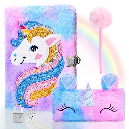 Damcyer Diario Secreto Niña con Candado,Juego de Diario de Unicornio De Felpa Incluye A5 Unicornio Cuaderno de Felpa,Estuche Unicornio y Bolígrafos de Colores Regalos para Niñas 5 6 7 8 9Años,Púrpura