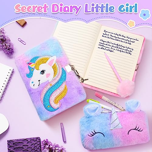 Damcyer Diario Secreto Niña con Candado,Juego de Diario de Unicornio De Felpa Incluye A5 Unicornio Cuaderno de Felpa,Estuche Unicornio y Bolígrafos de Colores Regalos para Niñas 5 6 7 8 9Años,Púrpura