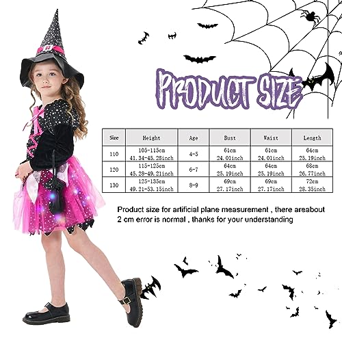 DAOUZL Disfraz de Bruja para Niñas, Juego de Disfraz de Bruja para Niños con Falda Tutú Rosa LED, LED Vestido de Bruja para Niña, Vestido Bruja Niña para Halloween Carnaval Cosplay Party (110)