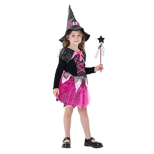 DAOUZL Disfraz de Bruja para Niñas, Juego de Disfraz de Bruja para Niños con Falda Tutú Rosa LED, LED Vestido de Bruja para Niña, Vestido Bruja Niña para Halloween Carnaval Cosplay Party (110)