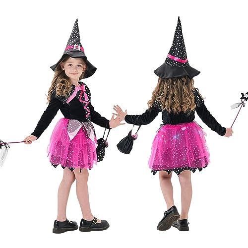 DAOUZL Disfraz de Bruja para Niñas, Juego de Disfraz de Bruja para Niños con Falda Tutú Rosa LED, LED Vestido de Bruja para Niña, Vestido Bruja Niña para Halloween Carnaval Cosplay Party (110)