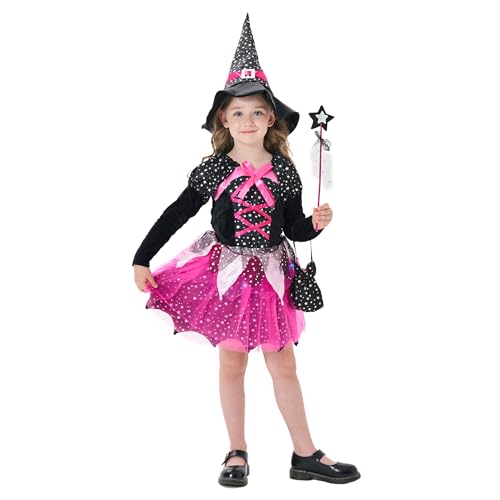 DAOUZL Disfraz de Bruja para Niñas, Juego de Disfraz de Bruja para Niños con Falda Tutú Rosa LED, LED Vestido de Bruja para Niña, Vestido Bruja Niña para Halloween Carnaval Cosplay Party (110)