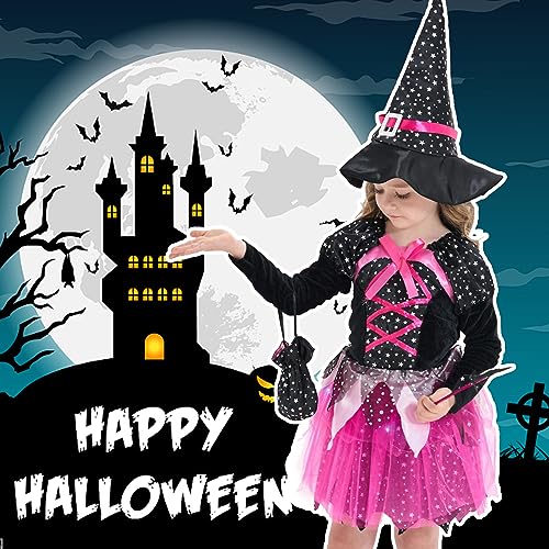 DAOUZL Disfraz de Bruja para Niñas, Juego de Disfraz de Bruja para Niños con Falda Tutú Rosa LED, LED Vestido de Bruja para Niña, Vestido Bruja Niña para Halloween Carnaval Cosplay Party (110)