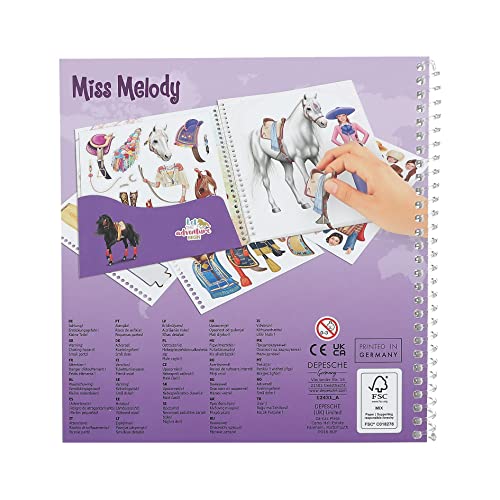 Depesche 12431 Miss Melody Dress Me Up Around The World-Book 24 páginas para crear diseños de caballos, incluyendo 11 hojas de pegatinas, Multicoloured