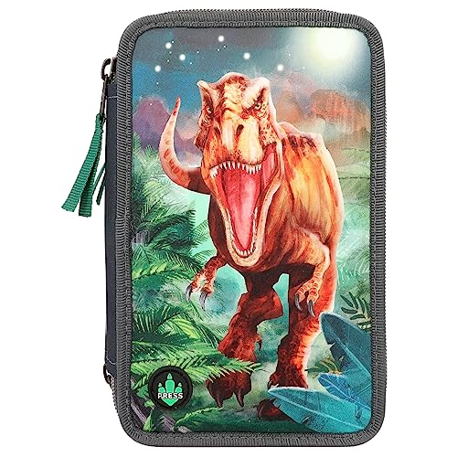 Depesche 12474 Dino World - Estuche con 3 compartimentos, diseño de dinosaurio con efectos LED, estuche con lápices de colores, regla, tijeras UVM [video game]