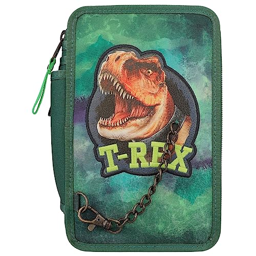 Depesche 12506 Dino World - Estuche con 3 Compartimentos, diseño de Dinosaurio con Cadena, Estuche con lápices de Colores, Regla, Tijeras UVM