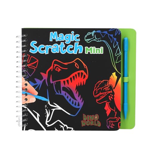 Depesche 12733 Dino World Mini Magic Scratch Book con divertidos motivos de dinosaurios para rascar, libro con degradado de colores y lápiz rascador