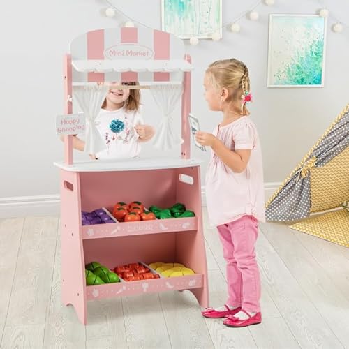 DIA & NOCHE Costway Puesto de Mercado de Madera para Niños Supermercado Juguete con 36 Frutas y Verduras para Cortar 3+ Años 45 x 24 x 86 cm-Rosa