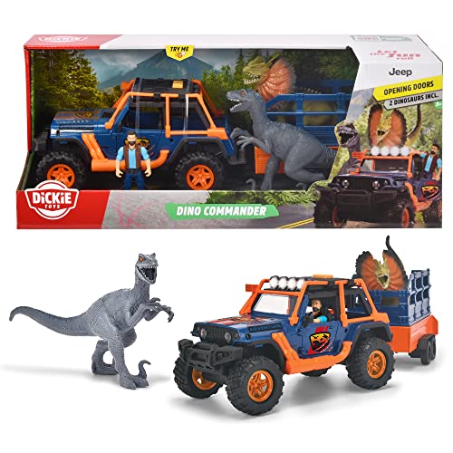Dickie Toys - Dino Commander (40 cm) - Coche de Juguete Jeepster Commander Incluye Remolque con Figura + 2 Dinosaurios - Juguete para niños a Partir de 3 años.