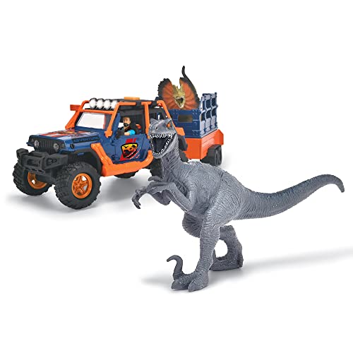 Dickie Toys - Dino Commander (40 cm) - Coche de Juguete Jeepster Commander Incluye Remolque con Figura + 2 Dinosaurios - Juguete para niños a Partir de 3 años.