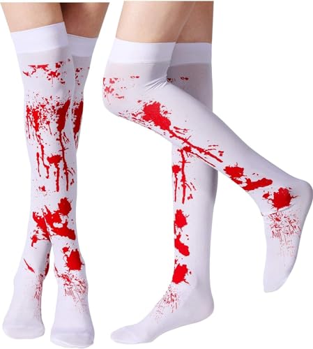 DINGFENG Juego de 2 Piezas Sangrientos de Halloween, Medias Horribles por Encima de la Rodilla para Fiestas de Halloween Aterradoras, Disfraces de Terror Rodilla de Impreso para Halloween