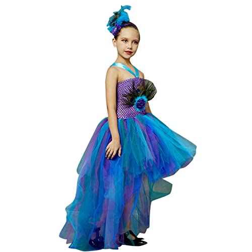 Disfraz de carnaval para niños, disfraz de pavo real, disfraz para niñas, vestido de verano, vestido de princesa, vestido informal, vestido de malla con tutú, ropa de exterior con sombrero, 2 juegos