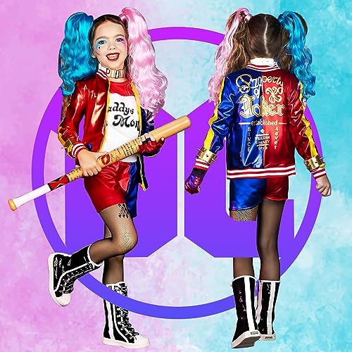 Disfraz de Harley Quinn, Joker Traje con Camiseta Chaqueta Pantalones Corta y guantes para Halloween Navidad Carnaval Disfraz de Payaso Cosplay Niños 150cm