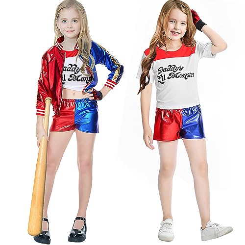 Disfraz de Harley Quinn, Joker Traje con Camiseta Chaqueta Pantalones Corta y guantes para Halloween Navidad Carnaval Disfraz de Payaso Cosplay Niños 150cm