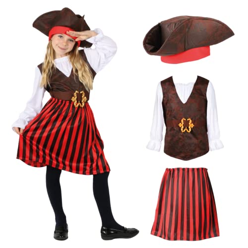 Disfraz de pirata para niñas de 10 a 12 años, camisa de piratas, falda a rayas, sombrero de tricornio de piratas, disfraz de Halloween para el Día Mundial del Libro