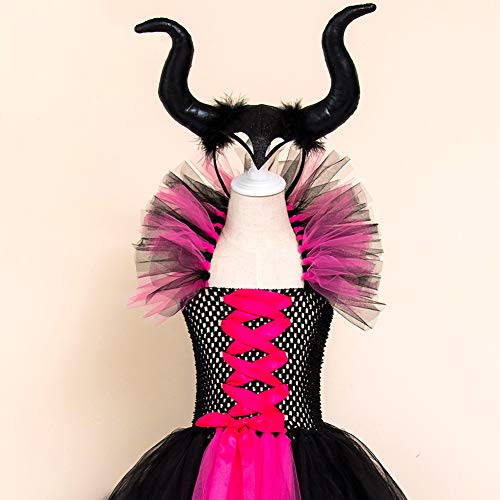 Disfraz de princesa maléfica para niñas, vestido de tul y de punto hecho a mano con cuernos y alas de bruja malvada para Halloween, Carnaval, cosplay o fiestas