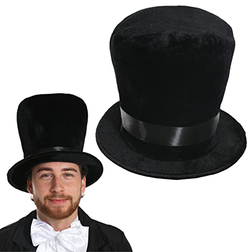 Disfraz de sombrero victoriano para adultos, paquete de 1 - Sombrero de felpa negra suave de 58 cm con banda de satén negro, accesorio de disfraz histórico de caballero victoriano