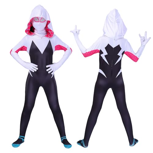 Disfraz Spider Gwen para niño de Cosplay Anime para disfraz de araña infantil de 6 7 años con máscara de Halloween para disfraz araña Gwen Girl, disfraz de araña infantil, niña, mono para fiesta