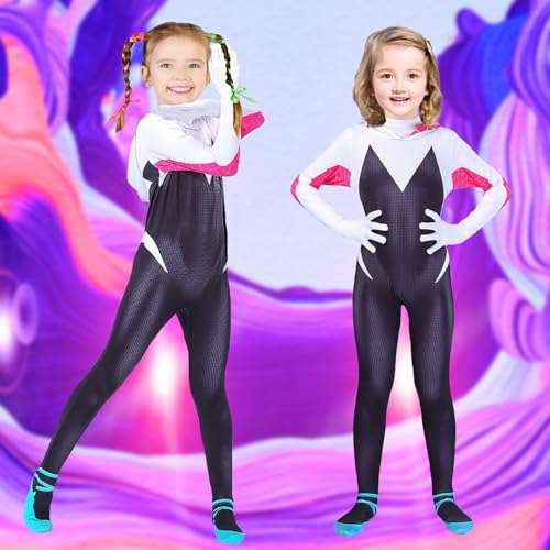 Disfraz Spider Gwen para niño de Cosplay Anime para disfraz de araña infantil de 6 7 años con máscara de Halloween para disfraz araña Gwen Girl, disfraz de araña infantil, niña, mono para fiesta