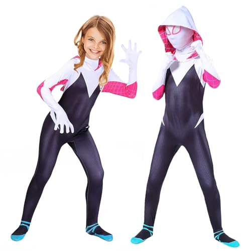 Disfraz Spider Gwen para niño de Cosplay Anime para disfraz de araña infantil de 6 7 años con máscara de Halloween para disfraz araña Gwen Girl, disfraz de araña infantil, niña, mono para fiesta