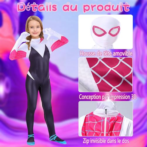 Disfraz Spider Gwen para niño de Cosplay Anime para disfraz de araña infantil de 6 7 años con máscara de Halloween para disfraz araña Gwen Girl, disfraz de araña infantil, niña, mono para fiesta