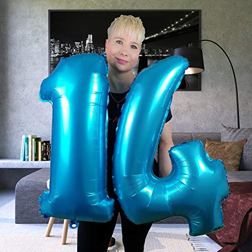 DIWULI Globos de Cumpleaños 14 Años Azul XL - Globos Cumpleaños 14 Años Decoracion Globo Numero 14, Globo 14 Años Cumpleaños Globos Numeros Globos Grande Fiesta Regalo Decoración Niño Niña Boda